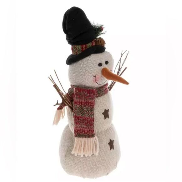 Herringbone Snowman Plush Festive Snowman Decoration with Scarf and Hat - Picture 3 of 4